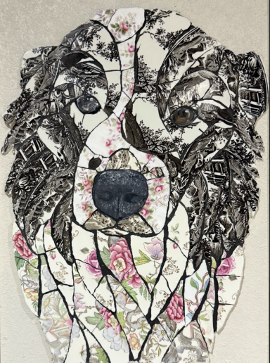 Artistic bear portrait featuring floral patterns and black outlines.